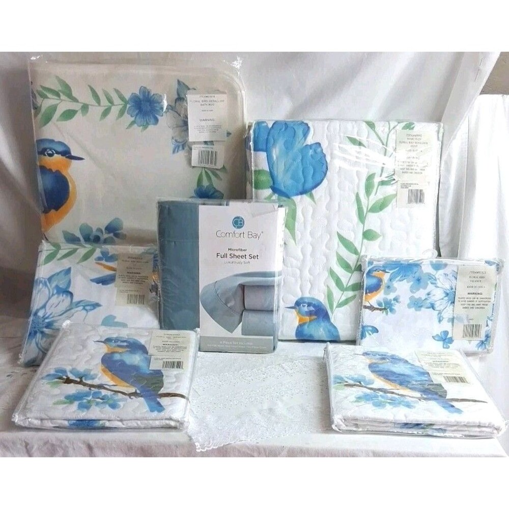 Vintage 7pc Blue Song Bird Floral Matching Full Bedding & Bath Set Y2k